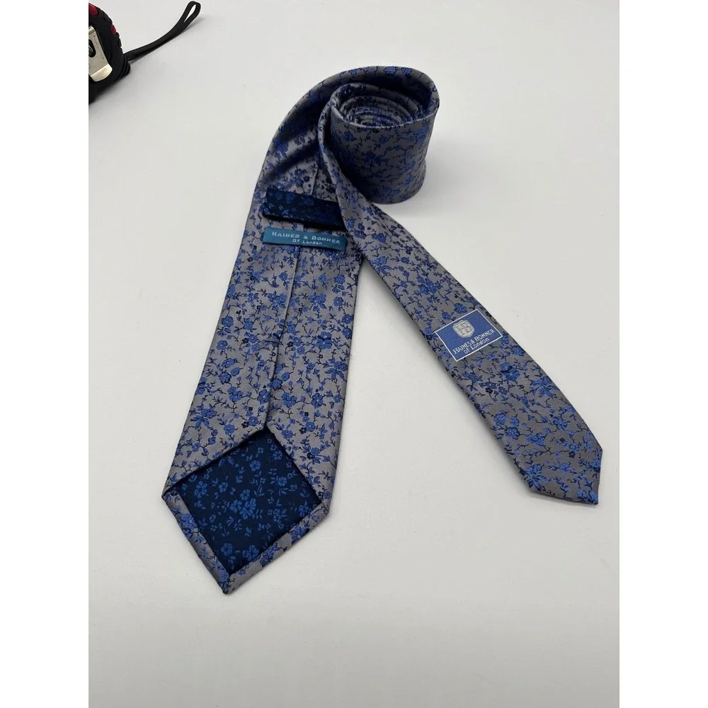 Haines & Bonner Necktie Mens One Size Blue Grey Excellent Floral Silk Blend Tie
